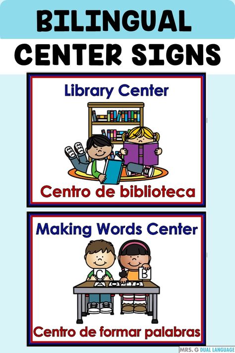 Bilingual classroom decor. Center or station posters for the bilingual English-Spanish or Dual Language Classroom for your back to school classroom decor. English words are in blue and Spanish words are in red, for those following the Gomez & Gomez model. It includes 31 center signs to label your learning stations and cards for the pocket chart. Bilingual Centers Dual Language, 1st Grade Bilingual Classroom, Elementary Spanish Classroom Decor, Bilingual Classroom Decor Dual Language, Gomez And Gomez Dual Language Classroom, Classroom Job Chart Free, Bilingual Kindergarten Classroom, Preschool Reading Area, Bilingual Classroom Labels