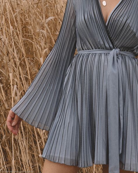 Perfect Fall Dress: Pleated Mini Dress with Bell Sleeves — Sarah Christine Pleated Dress Long Sleeve, Dress With Pleated Fabric, Pleated Fabric Dress Designs, Crush Top Design, Pleated Designer Dresses, Accordian Pleated Dresses, Crush Fabric Top Design, Crush Dress Design, Crush Fabric Dress Design