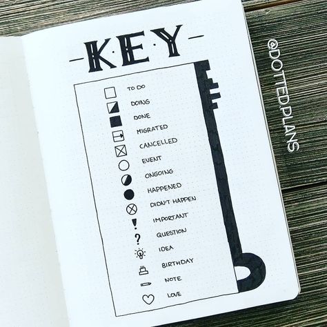 Keys are an important part of your Bullet Journal, They usually site up front or in the back for easy reference. They help you keep track of what it is exactly you want to track in your journal. Having a key essentially creates a personalized list if icons that represent priorities, or shows what has … Key Bullet Journal, Bullet Journal Collections, Bullet Journal Daily, Bullet Journal Calendar, Bullet Journal August, Journal Key, Bullet Journal September, Weekly Log, Bullet Journal For Beginners