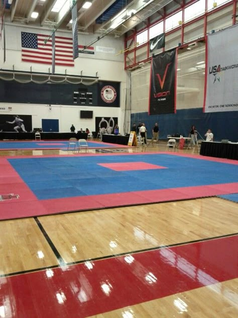 Taekwondo competition area at the US Olympic training center Karate Competition Aesthetic, Karate Olympics, Taekwondo Competition, Karate Competition, Ata Taekwondo, Taekwondo Aesthetic, Olympic Training Center, Olympic Training, Judo Karate