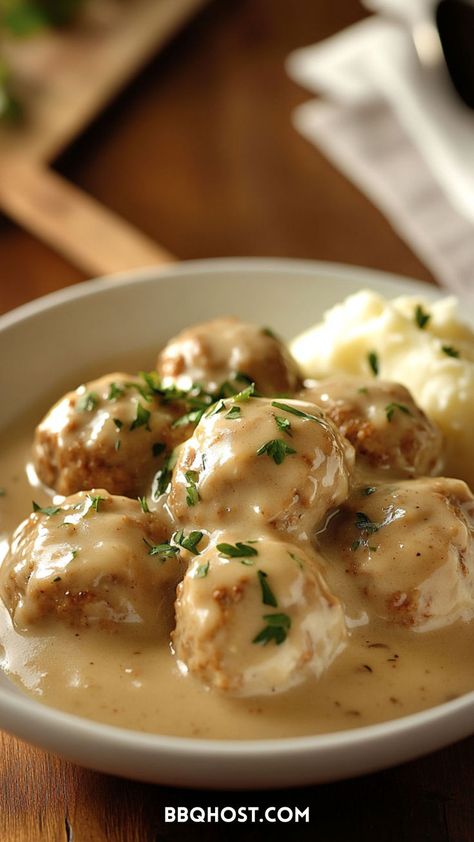 These Swedish Turkey Meatballs are creamy, flavorful, and pair perfectly with steamed veggies or mashed potatoes. Save this recipe for an easy dinner idea! Check out the blog for more recipes! Swedish Turkey Meatballs, Gyro Meatballs, Sweet And Sour Turkey Meatballs, Turkey Meal Prep Recipes, Keto Turkey Meatballs, Turkey Thanksgiving Recipe, Meatballs In The Crockpot, Thanksgiving Sliders, Turkey Pasta Recipes