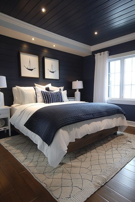 29 Minimal Blue Bedroom Ideas 21 Grey Bedroom Ideas For Men, Navy Bedrooms, Navy Blue Bedrooms, Blue Bedroom Decor, Moody Bedroom, Dark Bedroom, Coastal Bedrooms, Coastal Bedroom, Gray Bedroom