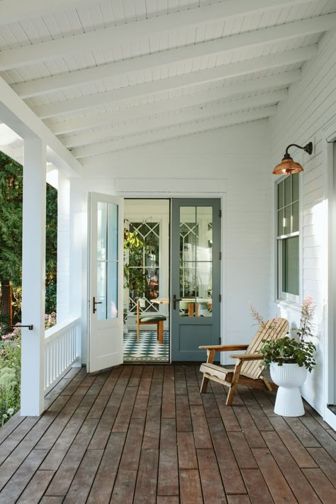 Porch Cottage Style, Small Cottage Screened Porch, Victorian Porches Ideas, Rustic Covered Porch, Screened In Porch With Lattice, Fireplace Screened Porch, House Plans With Side Porch, Breezeway With Stairs, Off Center Front Door Porch Ideas