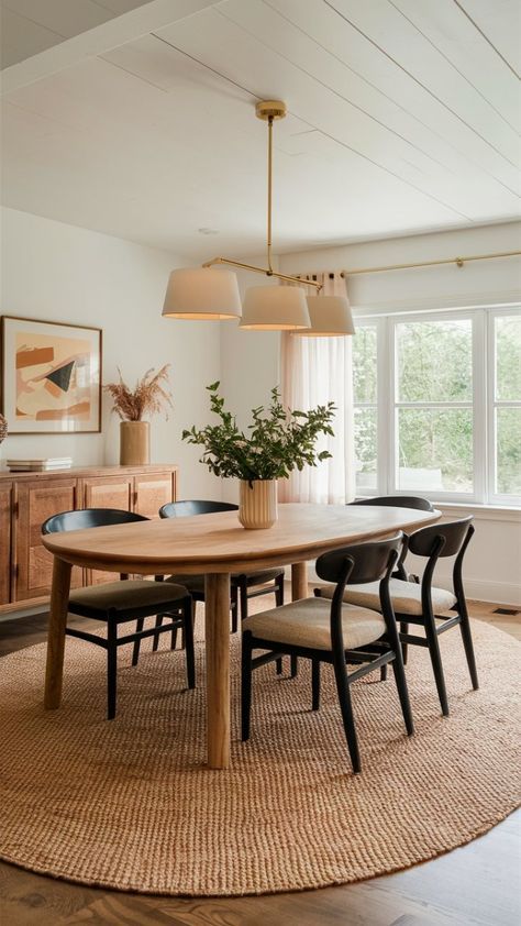 Natural Rug Dining Room, Dining Room Decoration Ideas, Dining Room Elevation, Simple Dining Table Decor Ideas, Earthy Tone Dining Room, Dining Room Decor Simple, Dining Room And Living Room Together, Dining Room In Entryway, Cute Dining Chairs