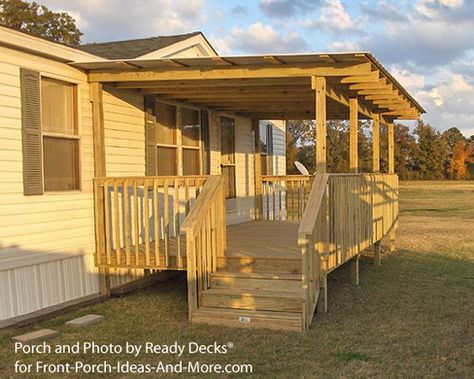 http://www.mobilehomerepairtips.com/mobilehomeroofingoptions.php has some information on the types of roofing available for your mobile home. Gable Porch, Mobile Home Porches, Mobile Home Deck, Manufactured Home Porch, Mobile Home Front Porch, Deck Cover, Mobile Home Renovations, Double Staircase, Cedar Deck