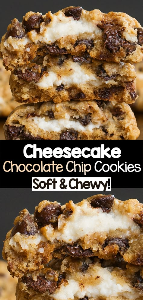 Cheesecake chocolate chip cookies are soft chocolate chip cookies with a surprise cream cheese filling that will delight everyone who tries the recipe! #cookies #cheesecake #stuffedcookies #chocolatechip #creamcheese #dessert Chocolate Chip Cheesecake Cookies Recipe, Filled Chocolate Chip Cookies, Cheesecake Chocolate Chip, Cream Cheese Chocolate Chip, Cream Cheese Chocolate Chip Cookies, Cream Cheese Cookie, Cookies Cheesecake, Cheesecake Cookies Recipes, Cream Cheese Cookie Recipe