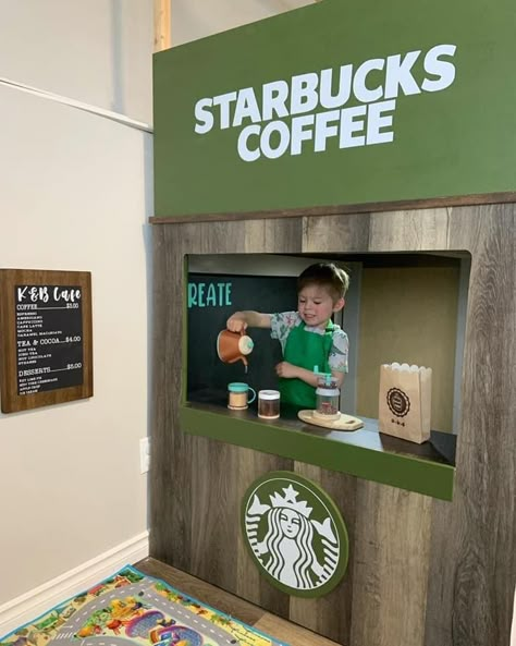 Pretend Starbucks, Coffee Shop Kids Corner, Role Play Cafe, Coffee Shop For Kids, Play Restaurant For Kids, Play Cafe Ideas, Indoor Play Cafe, Kids Play Store, Kids Grocery Store