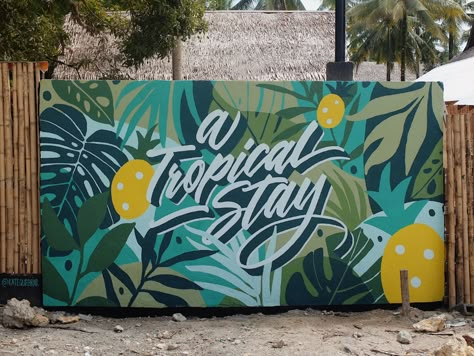 “A Tropical Stay” Mural on Behance Tropical Graffiti Art, Tropical Mural Art, Tropical Flower Mural, Tropical Wall Murals Painted, Tropical Illustration Graphics, Tropical Mural Painting, Mural Art Tropical, Mural Art Ideas Inspiration, Bar Murals