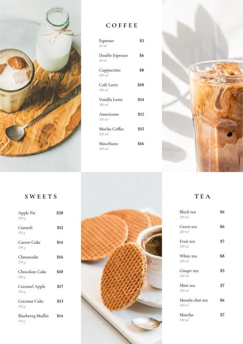 Cafe Menus Aesthetic, Coffee Menu Graphic Design, Cafe Food Menu Design, Minimalist Menu Design Cafe, Coffee Price List Design, Restaurant Menu Web Design, Menu Design Dessert, Desserts Menu Design, Small Cafe Menu Ideas