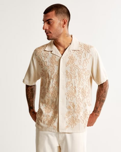 Men's Camp Collar Summer Linen-Blend Embroidered Shirt | Men's Tops | Abercrombie.com Mens Shirt With Embroidery, Men Embroidery Shirts, Modern Barong, Embroidery Shirt Men, Cord Embroidery, Cross Embroidery, Emb Designs, Mens Printed Shirts, Fashion Boy