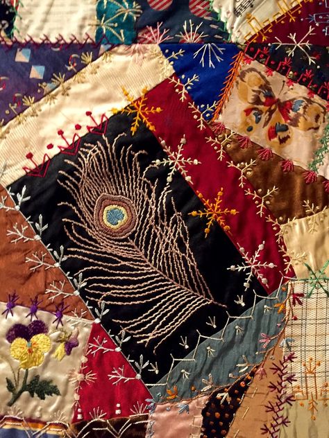 The American Crazy Quilt Exhibit at the Baltimore Museum of Art.  Photo by Needle's Eye Stories Quilt Embroidery, Crazy Quilts Patterns, Crazy Quilt Stitches, Crazy Quilt Blocks, Crazy Patchwork, Crazy Quilting, Crazy Quilt, Silk Ribbon Embroidery, Quilt Stitching