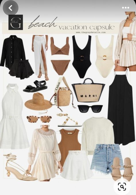 Neutral Holiday Outfits Summer, Neutral Cruise Outfits, Minimal Beach Vacation Outfits, Earth Tone Vacation Outfit, Beach Vacation Outfits Capsule, Neutral Summer Vacation Outfits, Summer Holiday Outfits Beach Vacation Style Capsule Wardrobe, Neutral Beach Vacation Outfits, Summer Outfits Resort