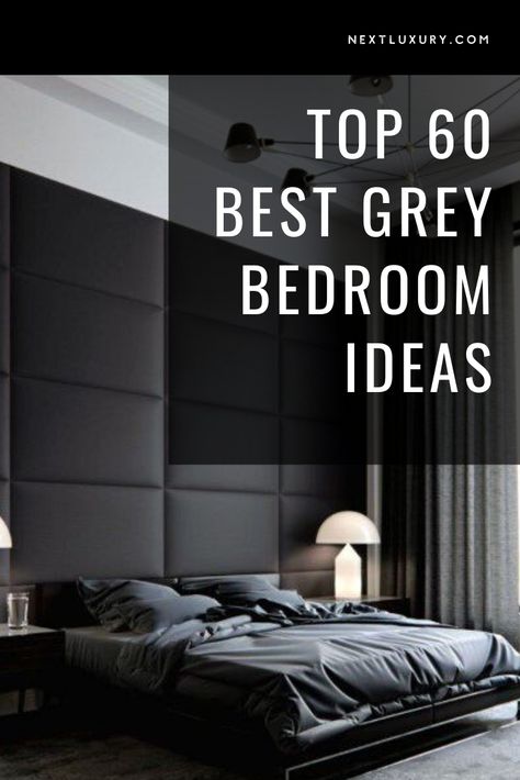 Monochromatic Gray Bedroom, Dark Gray Bedroom Walls Master Suite, Charcoal Grey And White Bedroom, Bedroom With Gray Curtains, Black And Grey Mens Bedroom, Grey Bedrooms Luxury, Dark Grey Curtains Bedroom Ideas, Monochromatic Grey Bedroom, Grey Rooms Ideas