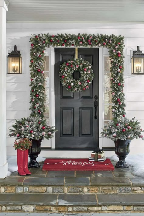 Everyday Wholesome | 35 Best Christmas Front Porch Decorations for the Holidays Coastal Christmas Porch Decor, Christmas Front Porch Decor, Christmas House Decor, Christmas Outdoor Decor, Buffalo Plaid Christmas Decor, Wonderland Decorations, Plaid Christmas Decor, Outdoor Christmas Decor, Christmas At Home