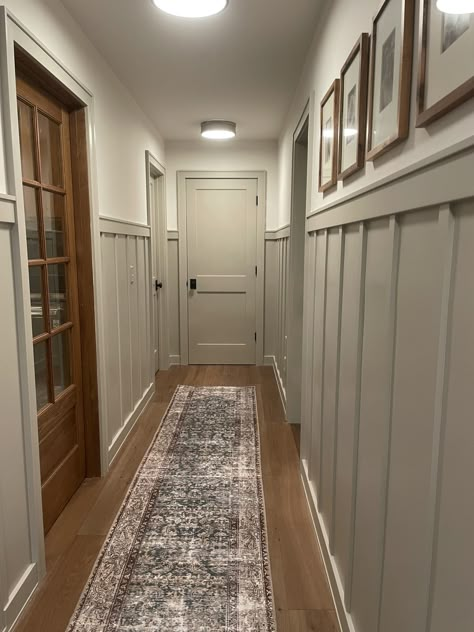 Wood And White Hallway, Colonial House Update, Hallway Decorating Ideas Wall, Craftsman Hallway Ideas, Narrow Hallway With Doors, Hallway Wallpaper Inspiration, Old Farmhouse Hallway, Old Farmhouse Upstairs Hallway, Half Wall Foyer