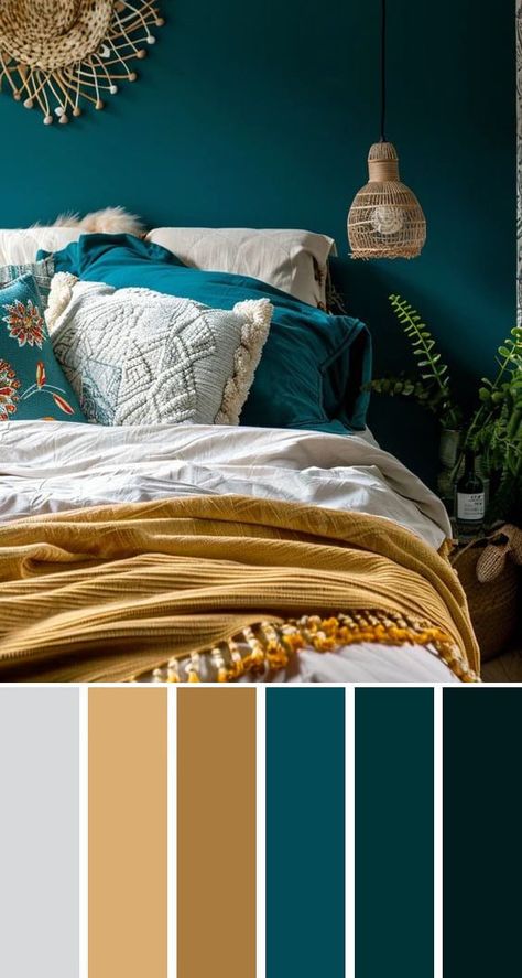 Peacock Blue Room Ideas, Dark Teal Bedroom Ideas Accent Wall, Navy Teal Gold Color Palette, Teal Rustic Bedroom, Emerald Green And Teal Bedroom, Teal Room Color Scheme, Teal Mustard Bedroom, Peacock Bedroom Colors, Teal Bedrooms Master