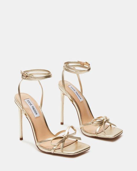 ENVIOUS Gold Leather Strappy Square Toe Heel | Women's Heels – Steve Madden High Heels For Girls, Hoco Heels, Hoco Shoes, Gold Strappy Heels, Prom Heels, Steve Madden Heels, Bridesmaid Shoes, Dressy Fashion, Bow Heels