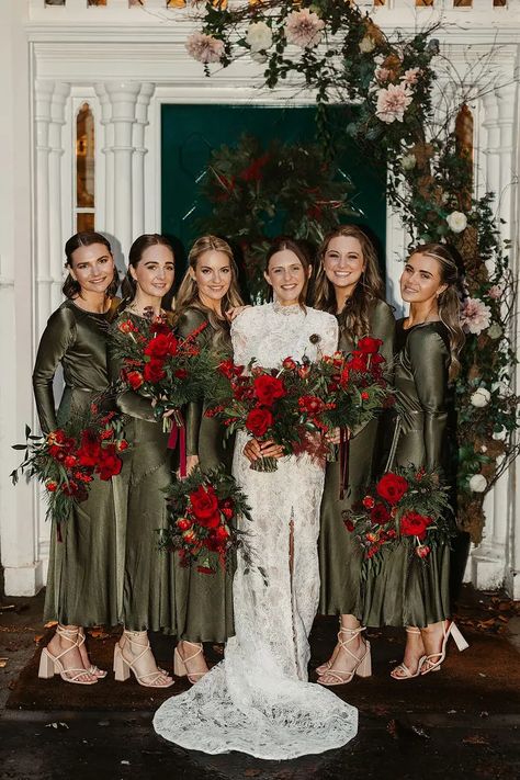 Festive Christmas Wedding Weekend at Drumtochty Castle with high neck Olive Green Bridesmaid Dresses holding bright red rose wedding bouquets for winter wedding Velour Bridesmaid Dresses, Christmas Green Bridesmaid Dresses, Bridesmaid Dresses For Winter Wedding, New Years Wedding Bridesmaid Dresses, Emerald Green Mismatched Bridesmaids, Christmas Bridesmaids Dresses, Winter Wedding Bridesmaids Dresses, Green Winter Bridesmaid Dresses, Winter Wedding Photos Bridal Party