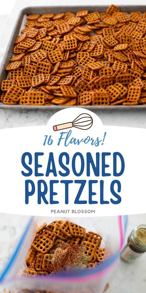 Easy Seasoned Pretzels: 16 Fun Flavors! Homemade Hot Pretzels, Salty Pretzel Recipe, Pretzels Seasoning, Oven Baked Pretzels, Baked Seasoned Pretzels, Snack Pretzels Recipe, Diy Seasoned Pretzels, Seasoned Pretzel Sticks, Flavor Pretzels Recipe