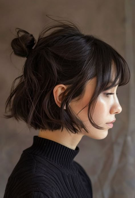 Chic Mini Bun, cute summer hairstyle for short hair Short Tied Hair, Short Dark Hair Updo, Kawai Hairstyle For Short Hair, Short Hair Tattoos Women, Bob Pulled Back Hairstyles, Short Hair Dinner Hairstyle, Hair Assories For Short Hair, European Short Hairstyles, Beret Hairstyles Short Hair