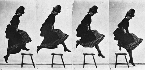 Taken from Eadweard Muybridge's collection, this shows the simple movement of a young woman jumping over a stool. While it is a simple four frames, this is an example of picking an interesting subject and angle. There are elements of not only the woman's legs and body moving to make the motion, but her dress and hat as well. Muybridge, E. (1887) Animal Locomotion: Investigation https://placesjournal.org/article/eadweard-muybridges-secret-cloud-collection/ Sequence Photography, Personal Project Ideas, Woman Jumping, Louis Daguerre, Eadweard Muybridge, Animal Movement, Human Anatomy Drawing, Representational Art, History Of Photography