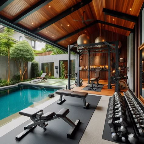 Create an Outdoor Gym with Pool in Your Home #HomeGym #GymDesign #PoolDesign Sunroom Gym Ideas, Gym Pool House, Modern Gym Exterior Design, Elegant Home Gym, Outdoor Cinema Pool, Gazebo Gym Ideas, Gym And Swimming Pool Design, Gym Space Design, Home Gym With Pool