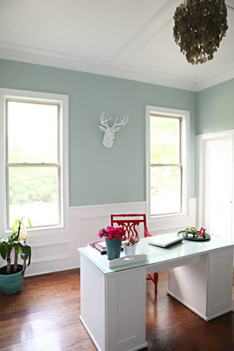 How to Choose the Right Paint Color without Regrets! | Palladian Blue vs. Sea Salt Palladian Blue Benjamin Moore, Best Blue Paint Colors, Palladian Blue, Office Paint Colors, Blue Green Paints, Office Paint, Best White Paint, Blue Paint Colors, Green Paint Colors