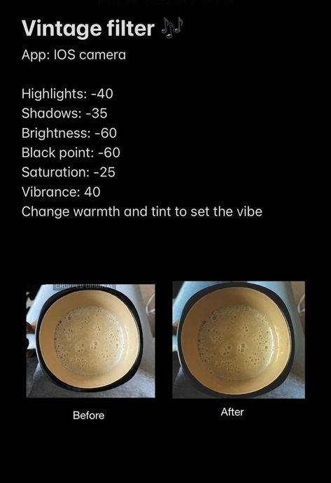 Camera App Photo Editing, Best Iphone Edit Settings, Coffee Photo Edit Iphone, Vintage Preset Iphone, Editing Pics On Iphone, Film Edit On Iphone, Film Aesthetic Edit Iphone, Edit Food Photos On Iphone, Editing Settings Iphone