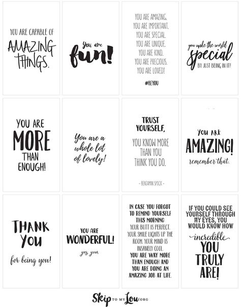 Positive affirmations {PRINT and share with friends} | Skip To My Lou Affirmation Jars Ideas, Positivity Jar Ideas Free Printable, Diy Positive Affirmation Jar, Printable Positive Quotes, Affirmations Jar Ideas, Diy Affirmation Jar, Words Of Affirmation Printables, Jar Of Affirmations, Positive Notes For Strangers