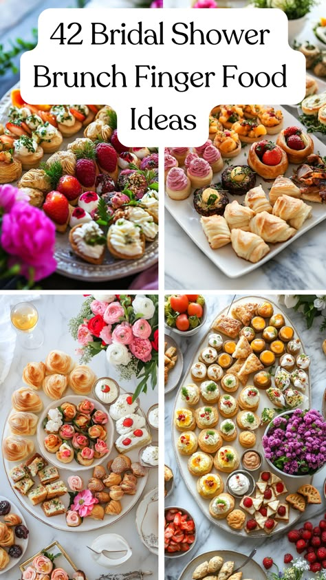 A beautifully arranged platter of bridal shower brunch finger foods, featuring savory pastries, sweet treats, and colorful presentations, perfect for celebrating love and impressing guests. Small Group Brunch Ideas, Bridal Shower Food Breakfast, Bridal Shower Pastry Bar, Elegant Brunch Food Ideas, Fancy Bridal Shower Food, Easy Bridal Brunch Food, Brunch Party Finger Foods, Tea Party Shower Food, Brunch Ideas For Restaurant