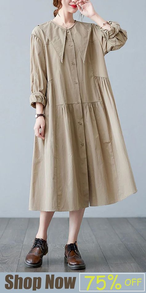 Plus Size Apricot Sailor Collar Button Wrinkled Long Dress Long sleeve Long Dress Korean Style, Long Linen Dresses, Long Dress Long Sleeve, Everyday Dresses Casual, Korean Style Outfits, Girls Designer Dresses, Loose Fit Dress, Velvet Dress Designs, Fashion Week Outfit