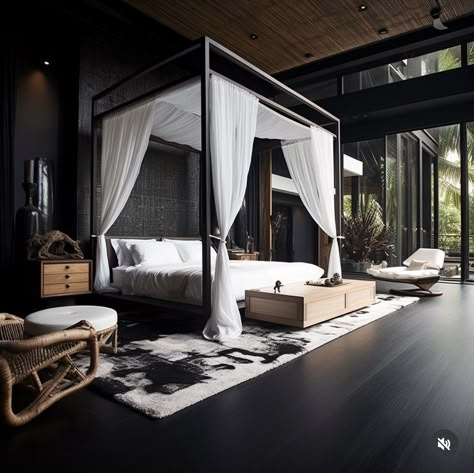 Canopy Bed Industrial Bedroom, Luxury Bedroom Master Romantic Canopy Beds, Canopy Bedroom Design, Dark And Moody Bedroom, Moody Bedroom Ideas, Resort Interior Design, Moody Bedroom, Neutral Bedroom Decor, Canopy Bedroom