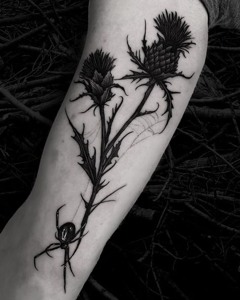 Thistle Tattoo Black, Darkside Tattoo, Wild Gardens, Victorian Witch, Back Of Leg Tattoos, Thistle Tattoo, Medieval Tattoo, Mommy Tattoos, Thistle Flower