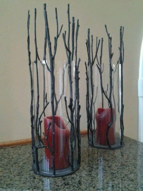 Super easy DIY. Thing twigs, black spray paint, hot glue, and jars from Dollar Tree. Easy Peasy Goth Decor Diy, Gothic House Decor, Gothic Home Decor Ideas, Takken Decor, Table Halloween, Halloween Themed Wedding, Halloween Decor Diy, Goth Wedding, Diy Halloween Decor