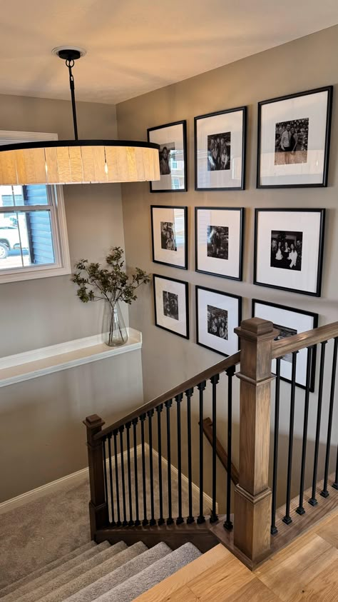 Instagram Picture Gallery Wall Stairs, Large Wall By Stairs Decor, Frames On Staircase Wall, Landing Ideas Upstairs Decor, Old Staircase Makeover, Josie Bensko, Staircase Picture Wall Ideas, Landing Decor Upstairs, Gallery Wall Ideas Hallway