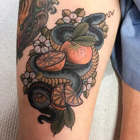 Foodie Tattoo, Serpent Tattoos, Hannah Flowers, Traditional Snake, Traditional Snake Tattoo, Snake Flower, Lotr Tattoo, Neo Traditional Tattoos, Fruit Tattoo