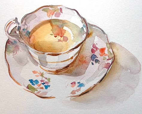 Watercolor Teacup Painting, Water Coloured Paintings, Cool Watercolor Ideas Illustrations, Sketch Book Water Colour, Watercolor Tea Cup, Water Colour Paintings Aesthetic, Watercolour Teacup, Watercolor Full Body Portrait, Water Colour Sketch Book