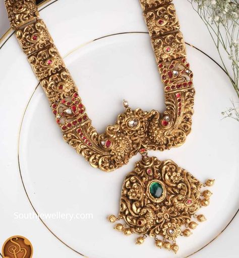 Peacock Haram Designs Gold Latest, Peacock Haram Designs, Haram Designs Gold Latest, Traditional South Indian Jewellery, Svtm Jewels, Mango Haram Designs, Rani Haram, Temple Jewelery, Mango Haram