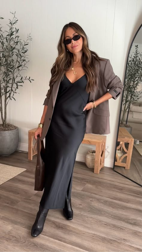 Women's Midi Slip Dress - A New … curated on LTK Black Satin Slip Dress Outfit, Satin Slip Dress Outfit Casual, Slip Dress Outfit Fall, Intern Outfit, Slip Dress Outfit Winter, Black Slip Dress Outfit, Satin Slip Dress Outfit, Fashion Blazer Outfits, Silk Dresses Outfit