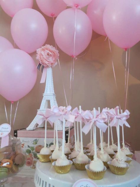 Paris Baby Shower Tea Party | CatchMyParty.com Paris Baby Shower Theme Girl, Paris Themed Baby Shower Ideas, Paris Theme Baby Shower Ideas, Parisian Baby Shower Ideas, Paris Baby Shower Theme, Parisian Party Theme, Parisian Baby Showers, Paris Birthday Theme, French Baby Shower