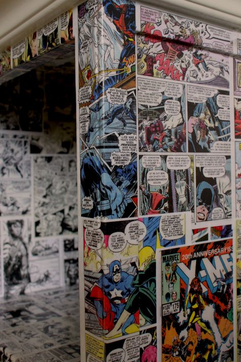 Comic book record cabinet. Hand finished with vintage Marvel comic strip. Comic Book Wallpaper Aesthetic, Comic Themed Room, Comic Decor, Marvel Comic Strip, Barbie Hotel, Comic Book Rooms, Comic Wall Art, Comic Book Wallpaper, Book Bedroom