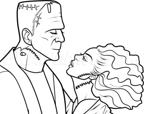 How To Draw Frankenstein And His Bride, Step by Step, Drawing Guide, by Dawn | dragoart.com Frankenstein And Bride Painting, Frankenstein Painting Easy, Frankenstein Outline, Frankenstein And Bride Art, Frankenstein Coloring Pages, Draw Frankenstein, Frankenstein And His Bride, Groom Clipart, Bride Drawing