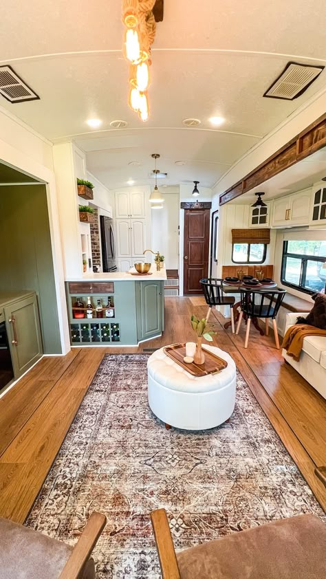 Modern Country Montana Renovation by @dwyerandco Live In Trailer, Camper Turned Into Tiny House, Renovated Fifth Wheel Camper, Camper To Tiny House Conversion, Trailer Home Layout, Trailer House Interior, Mountain Tiny House, Renovated Fifth Wheel, Tiny House Living Room Ideas