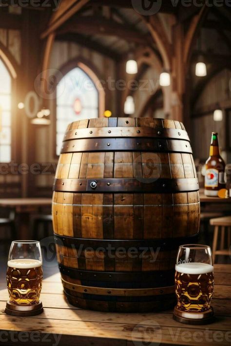 realistic oktoberfest beer barrel with beer glasses on wooden table Wooden Glasses, Beer Barrel, Oktoberfest Beer, Wooden Barrel, Table Table, Graphic Elements, Wooden Table, Wooden Tables, Rafting