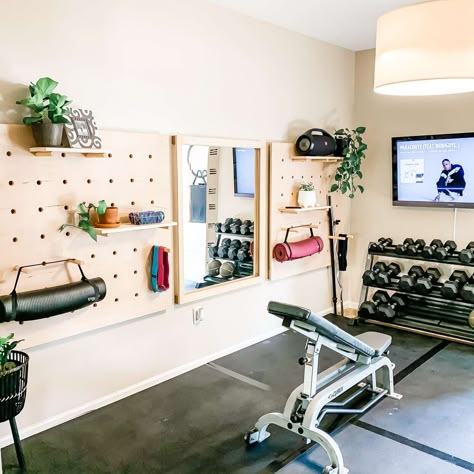 home-gym-weights-tv Home Gym Basement, Small Home Gym, Home Gym Garage, Workout Room Home, Mini Gym, Diy Home Gym, Basement Gym, Overhead Garage, Gym Room At Home