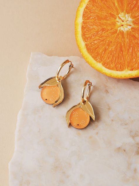 Mini Orange Hoops Charms Photography, Photography Moodboard, Fruity Design, Accessories Styling, Gold Mirror Acrylic, Summer Shoot, Playful Jewelry, Hoop Charms, Cotton Gift