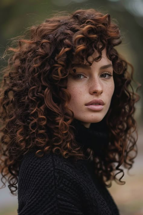 13 Curly Hair Color Ideas To Inspire Your Next Style Transformation - NeedleStar Fall Color For Curly Hair, Auburn Brown Hair Curly, Hair Colors For Biracial Women, Red Lowlights In Brown Hair Curly, Chocolate Curly Hair Highlights, Honey Brunette Curly Hair, Curly Chestnut Hair, Shoulder Length Curly Hair Highlights, Cinnamon Highlights Curly Hair