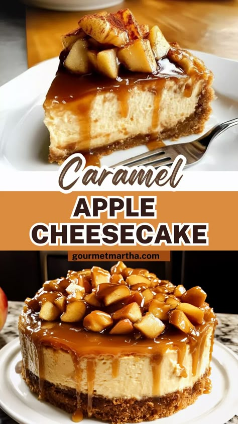 This Caramel Apple Cheesecake is the ultimate fall dessert! With creamy cheesecake, spiced apples, and rich caramel sauce, it's a flavor-packed treat that screams autumn. Whether you're hosting a gathering or treating yourself, this indulgent dessert is a must-try. Unlock the secret to this amazing dish – get the recipe now! #CaramelAppleCheesecake #FallDesserts #CheesecakeRecipe #EasyCheesecake #AppleCheesecake #CaramelDessert #BakingInspiration #AutumnRecipes #SweetTreats #DessertLovers Cheesecake With Apple Topping, Carmel Apple Cheesecakes, Carmel Apple Cheesecake No Bake, Thanksgiving Cheesecakes, Caramel Apple Toppings, Apple Cider Cheesecake, Apple Cheesecake Tacos, Thanksgiving Desserts Cheesecake, Cheesecake Caramel Apple