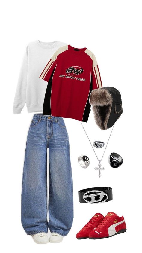 Christmas Party Outfit Ideas, Puma Speedcat, Puma Outfit, Party Outfit Ideas, Christmas Party Outfit, Christmas Party Outfits, Cute Fit, Sporty Girls, Red T Shirt