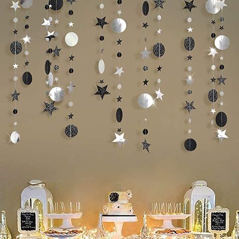 Halloween Birthday Decorations, Silver Party Decorations, Silver Garland, Circle Garland, Paper Party Decorations, Party Streamers, Moon Party, Silver Theme, Silver Party